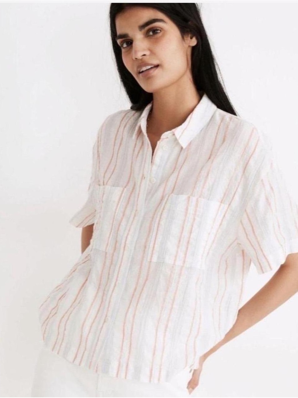Madewell White Button-Front Shirt Stripes Textured Women’s L Classic Minimalist